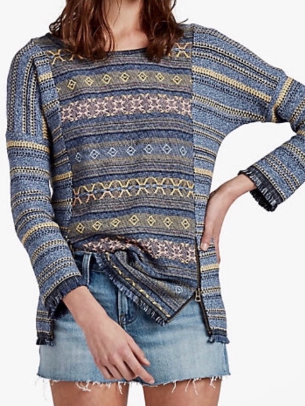 Lucky Brand Escape Fringe Multi-Color Patterned Knit Sweater Small